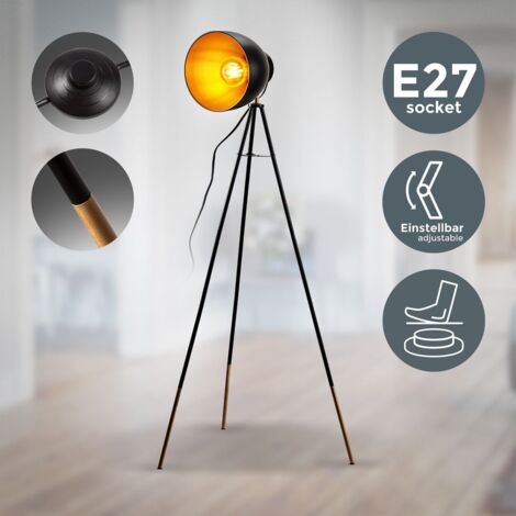 B.K.Licht lampadaire LED vintage, lampe à pied design rétro, Ø abat-jour 24cm, métal noir doré, projecteur de plafond, pour ampoule E27 LED ou halogène de 40W max, hauteur 136 cm