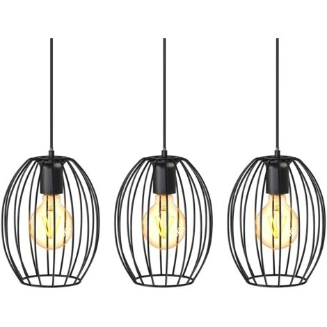 B.K.Licht Lampadario vintage, adatto per 3 lampadine E27 non incluse, largo 70cm, alto 112cm, lampada a sospensione con paralumi a filo, metallo nero
