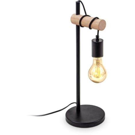 B.K.Licht lampe de chevet design rétro industriel bois & métal éclairage salon & chamber lampe à poser douille E27 noir