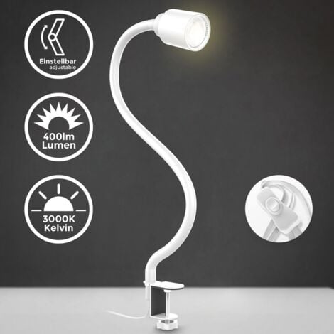 main image of "B.K.Licht lampe de lecture LED, pivotante & inclinable avec bras flexible, avec ampoule LED GU10 5W, 3000K, lampe à pince pour bureau & chevet, blanche"