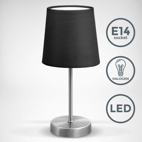 B.K.Licht lampe de table design moderne, tissu noir, pied métal nickel mat, pour ampoule LED E14, IP20