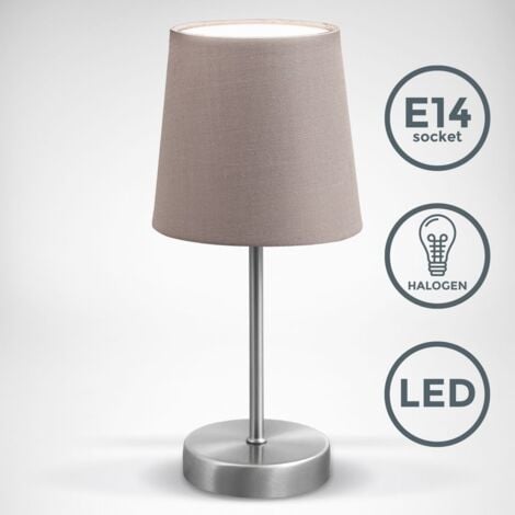 B.K.Licht lampe de table design moderne, tissu taupe, pied métal nickel mat, pour ampoule LED E14, IP20