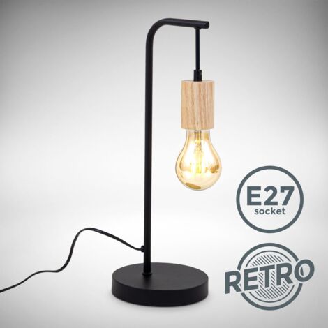 B.K.Licht Lampe de table rétro I douille E27 I câble avec interrupteur I métal I bois noir I sans ampoule