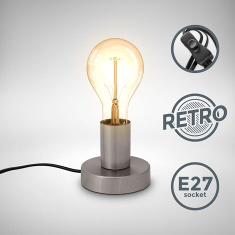 B.K.Licht Lampe de table rétro, lampe de lecture, métal nickel mat, douille E27, câble avec interrupteur, lampe de chevet vintage Ø10cm