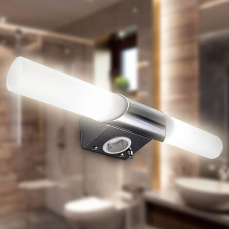B.K.Licht Lampe miroir moderne avec prise & interrupteur, LED blanc chaud 3000K, dimmable, économe en énergie, idéale pour salle de bain & maquillage, montage mural, métal & verre