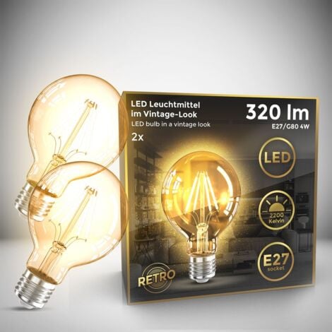 B.K.Licht Lot de 2 ampoules LED E27, Edison Vintage G80, 4W, Température de Couleur: blanc chaud 2200K, intensité lumineuse 320lm, ampoule rétro à filament