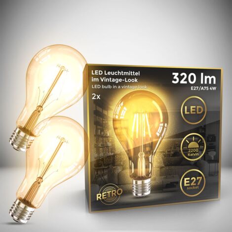 B.K.Licht Lot de 2 ampoules LED Edison Vintage A75 I E27, 4W, blanc chaud 2200K, intensité lumineuse 320lm, ampoule rétro à filament