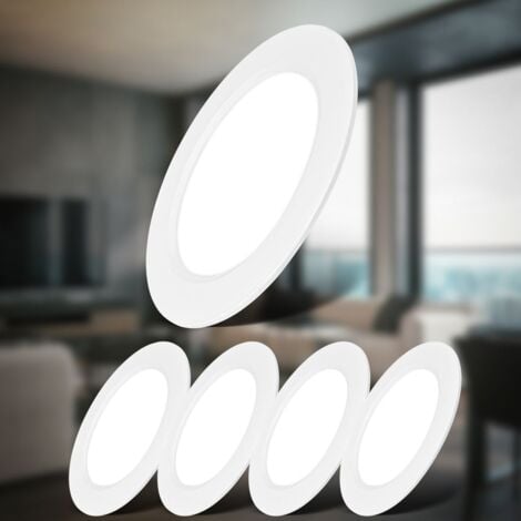 B.K.Licht Lot de 5 spots LED encastrables 230V, IP20, extra plat, lumière blanche neutre 4000K, 6W 660lm/spot, blanc, perçage Ø100mm, Ø120mm