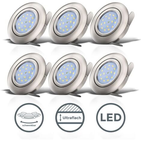 B.K.Licht lot de 6 spots LED encastrables ultra-plats, orientables, plafonnier design, éclairage encastré LED intérieur, blanc chaud 3000K, 230V, platine LED 5W intégrée, IP23