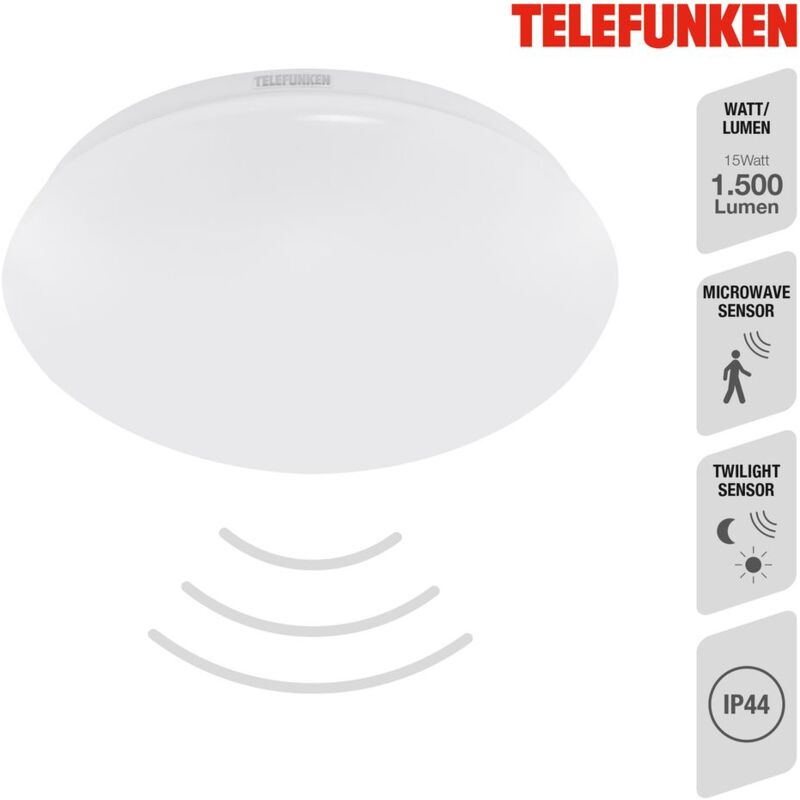 Lampada da soffitto a led con sensore di movimento e sensore di luce diurna IP44 Ø28cm 15W Telefunken