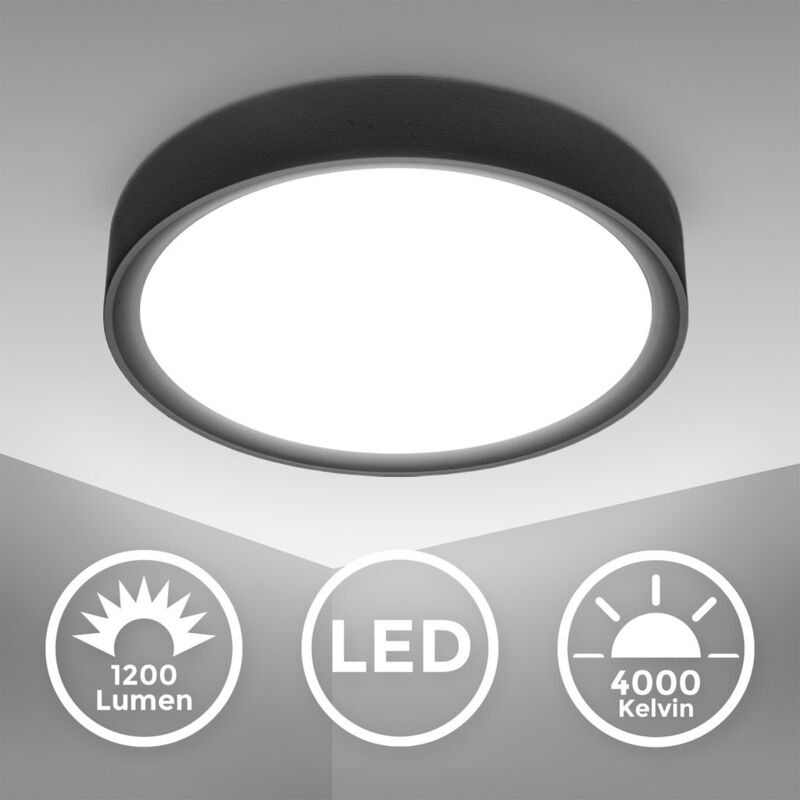 B.k.licht - Plafoniera led 12W, luce bianca 4.000K, diametro 25 cm, 1.200 Lm, Lampada da soffitto piccola in plastica nera opaca per ingresso o
