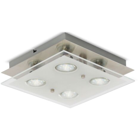 B.K.Licht Plafoniera LED da soffitto, include 4 lampadine GU10 da 3W 250 Lumen, luce calda 3000K, lampada moderna da soffitto, lampadario quadrato corpo metallo e vetro, color nickel opaco 230V IP20
