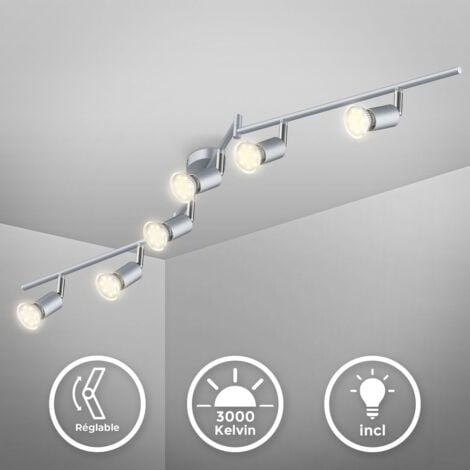 B.K.Licht plafonnier 6 spots orientables, ampoules LED 3W GU10 incluses, spots plafond, éclairage intérieur, lumière blanche chaude 3000K