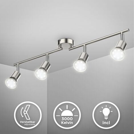 B.K.Licht plafonnier LED dinterieur 4 spots pivotants & orientables, 4 ampoules LED 2,9W GU10, barre spots plafond salon salle à manger cuisine couloir, 2 bras tournants, lumière blanche chaude