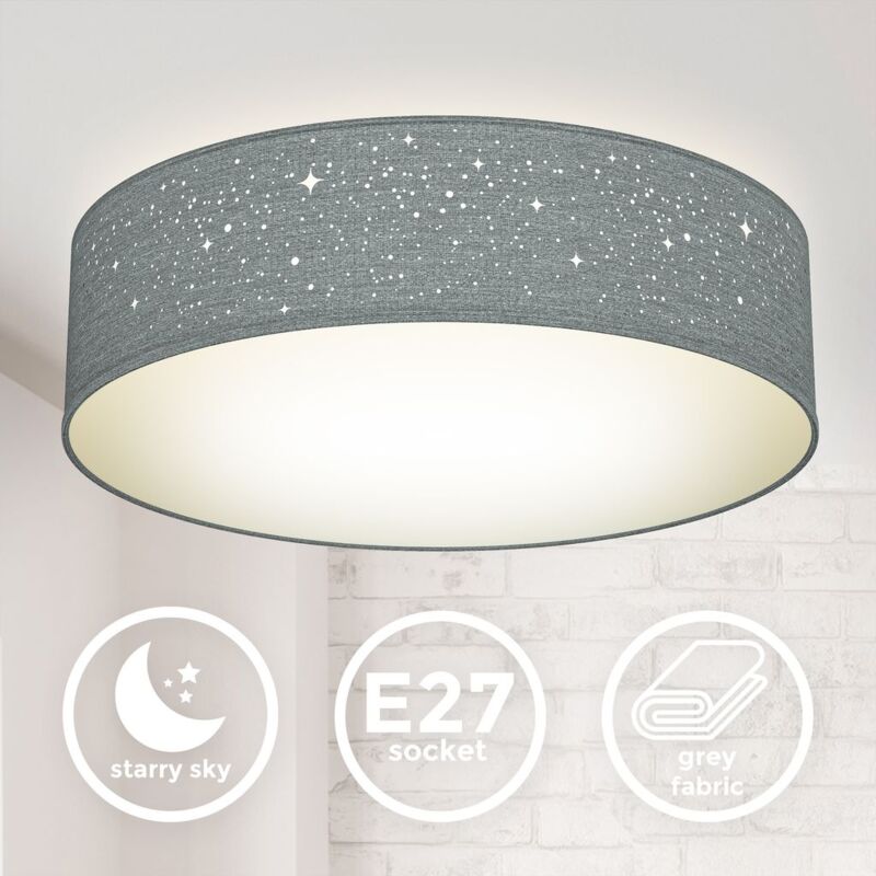 B.K.Licht plafonnier tissu gris avec décor étoile, éclairage plafond chambre, salon, salle à manger, 2 douilles E27 pour ampoules de 40W max, Ø38cm