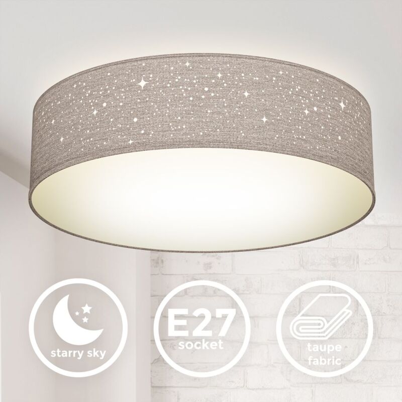 Plafonnier tissu taupe avec décor étoile, éclairage plafond chambre, salon, salle à manger, 2 douilles E27 pour ampoules de 40W max, Ø38cm - B.k.licht