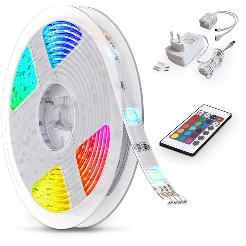B.k.licht - ruban led multicolore 5m, guirlande lumineuse dimmable avec télécommande, auto-adhésif, lumière décorative blanche et multicolore,