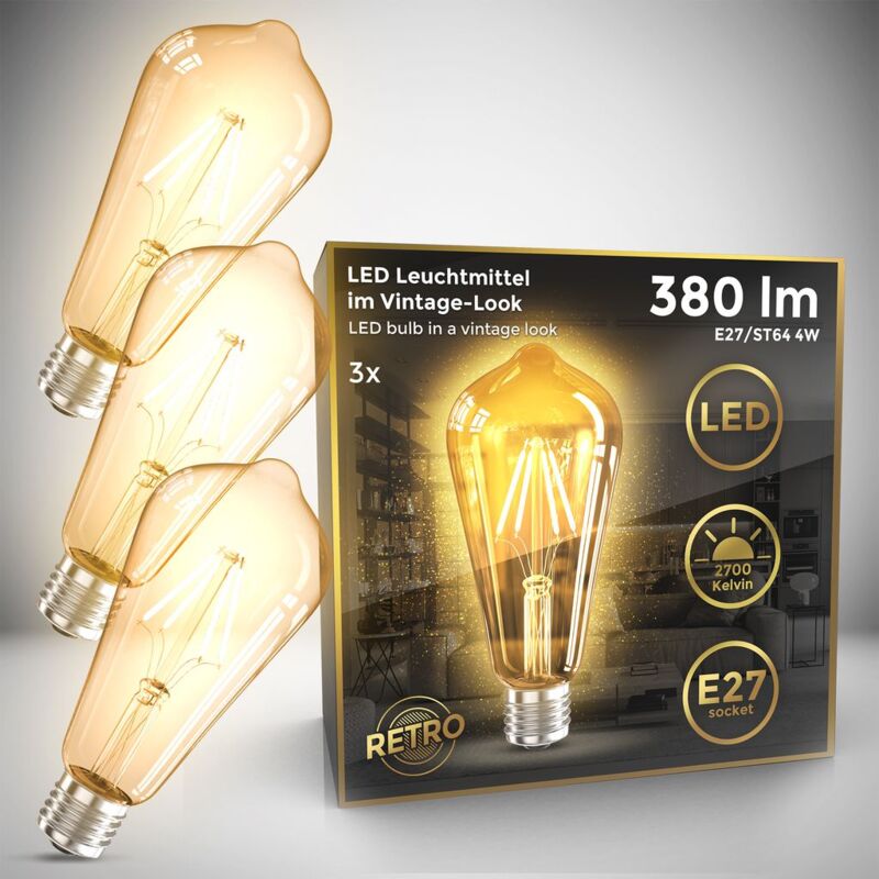 

B.K.Licht Set de 3 ST64 Edison Vintage Bombilla I E27 4W 2700K 380lm I Blanco cálido I Bombilla LED I Bombilla retro I Filamento