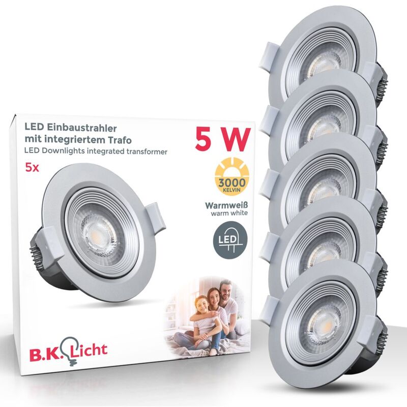 

Set de 5 focos LED empotrables y orientables para interiores, downlight de luz blanca cálida, protección IP23, 5 W, 350 lúmenes, 3000K, color