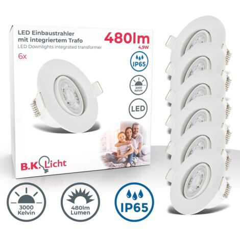 B.K.Licht - Set de 6 spots encastrés LED 230V, spots LED orientables pour la salle de bain IP65, spots de plafond LED, spots LED, spots de plafond, lampe de salle de bain, 9 x 4,2 cm (DxH), blanc