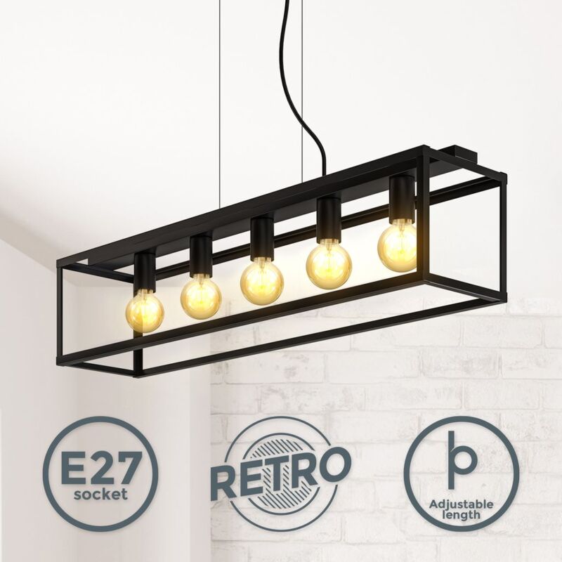 suspension cage avec 5 douilles E27, réglable en hauteur, lustre design industriel salle à manger en métal noir mat, éclairage salon cuisine rétro