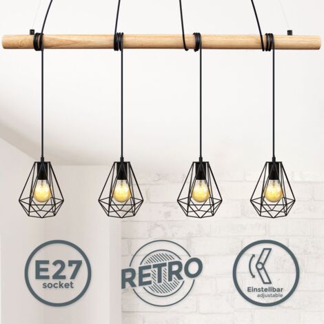 B.K.Licht suspension design pour 4 ampoules E27 max 60W, chandelier vintage bois métal, hauteur réglable, éclairage salon salle à manger, style rétro