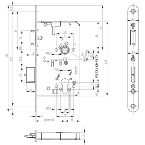 Bks Pa-Einsteckschloss B-23250, PZ72/9, D65, F20x235rd, Er, Paf-D, DR