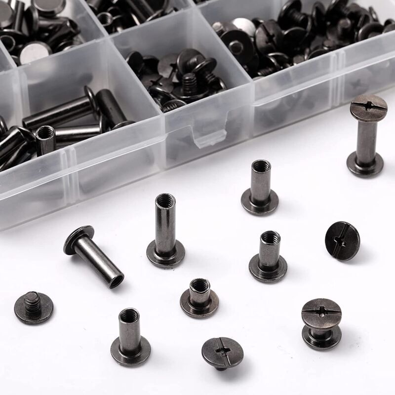 (Black) 1 Set Chicago Screw Assortment Kit 6 Sizes Round Cross Head Metal Screws Chicago Button Screws for DIY Leather Decoration Binding