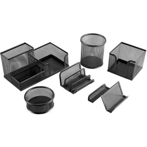 Black 6 Pcs Office Metal Desktop Organizer Pen Holder Set