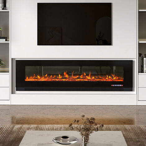 Black 72 Inch Wall Mounted LED Electric Fireplace with 9 Flame Colours