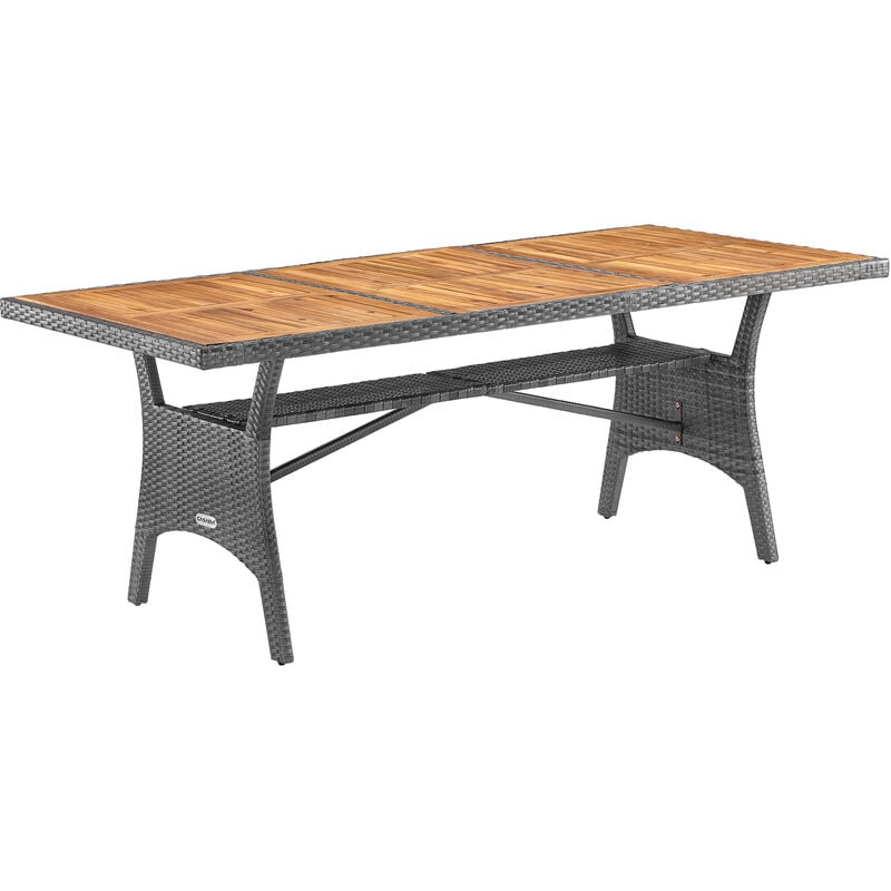 Table de jardin polyrotin 190x90x74 cm plateau en bois d'acacia pré-huilé avec compartiment hauteur réglable résistant aux intempéries Gris