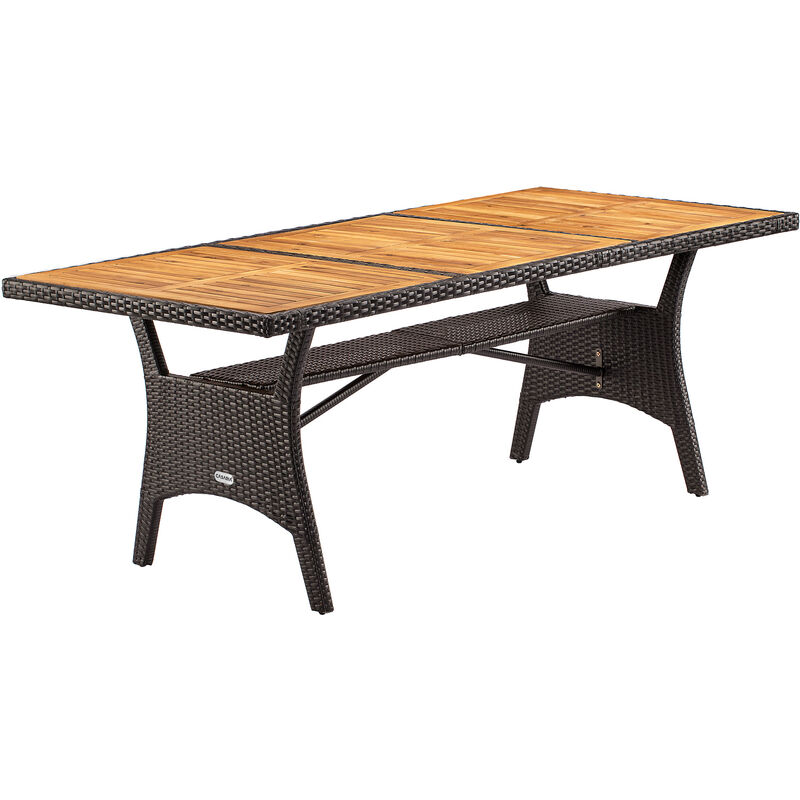Table de jardin polyrotin 190x90x74 cm plateau en bois d'acacia pré-huilé avec compartiment hauteur réglable résistant aux intempéries Brun