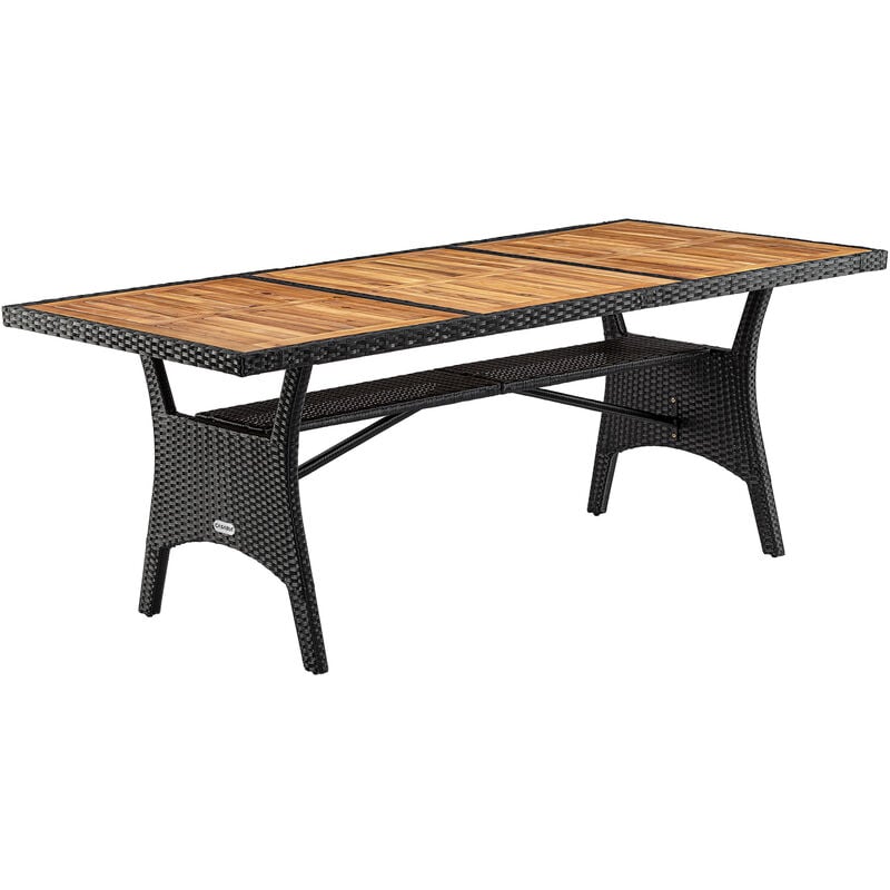 Table de jardin polyrotin 190x90x74 cm plateau en bois d'acacia pré-huilé avec compartiment hauteur réglable résistant aux intempéries Noir