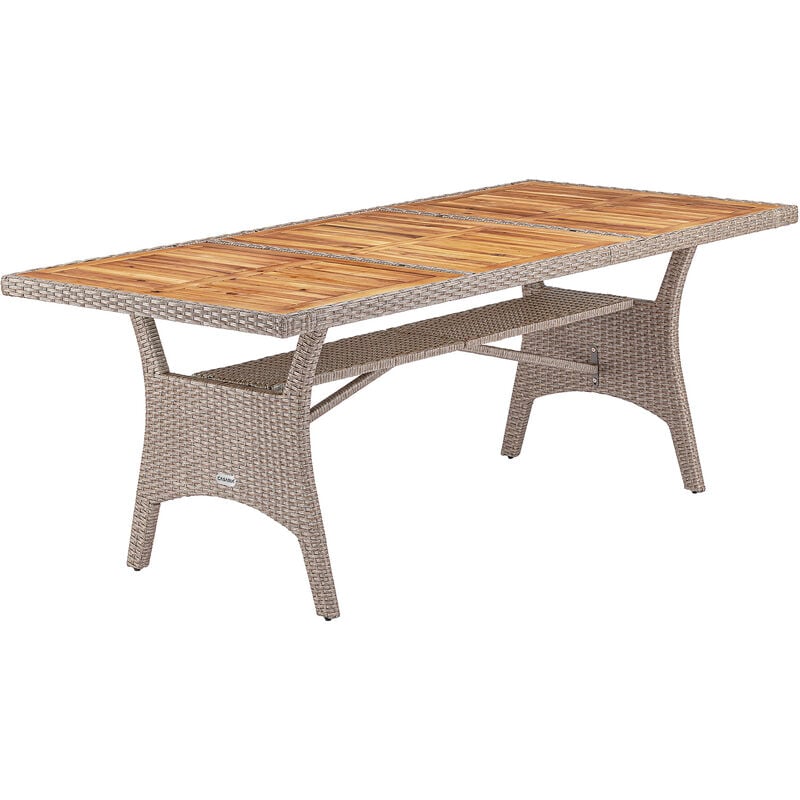 Table de jardin polyrotin 190x90x74 cm plateau en bois d'acacia pré-huilé avec compartiment hauteur réglable résistant aux intempéries Crème