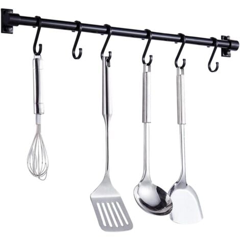 Black Aluminum Utensils Holder,40CM Kitchen Rack Wall Mounted,Kitchen Rail Pan Hanger With 6 S Removable Hooks For Hanging Kitchen Utensil,Bathroom Gadget