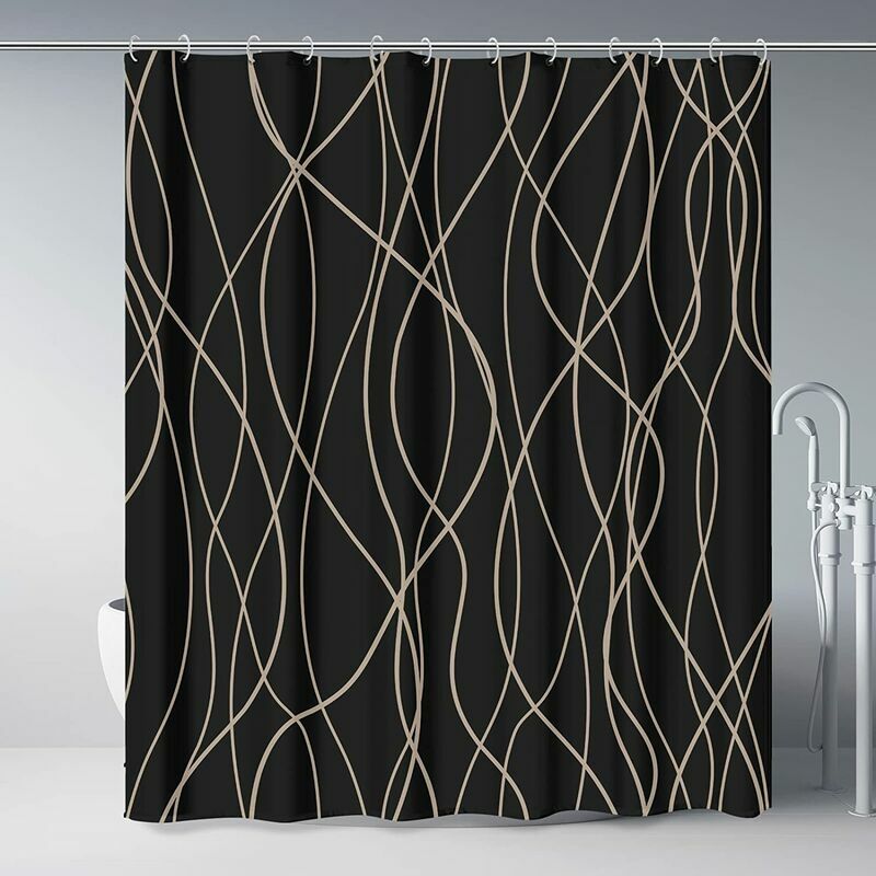 Heguyey - Black and Brown Stripe Fabric Bathroom Shower Curtain with 12 Hooks, 72 Inches Long Bathroom Shower Curtains, Weighted Hem, Waterproof Bath