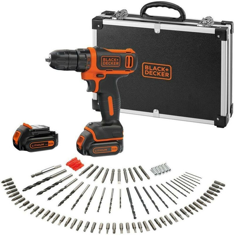 

Black and Decker - Perforadora atornilladora sin cable 10.8 V 1.5 Ah 26 Nm con 2 baterías y 100 accesorios - BDCDD12BAFC-QW