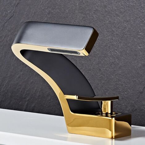 Black and gold basin mixer tap, single-handle waterfall spout for a modern and elegant bathroom