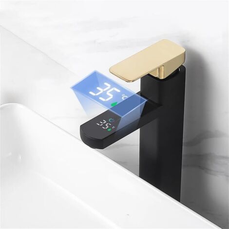 Black and gold basin mixer tap with LED display, hot/cold mixer G3/8, modern design
