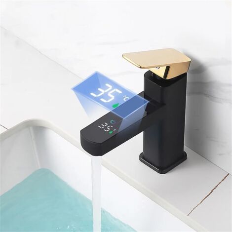 Black and gold LED bathroom faucet, hot and cold water temperature, elegant modern mixer tap