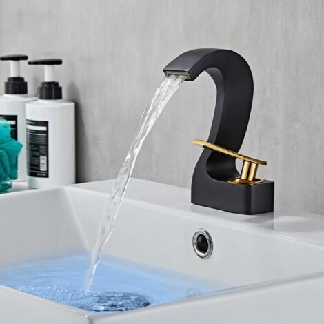 Black and gold single-handle waterfall mixer tap for washbasin – Hot and cold water