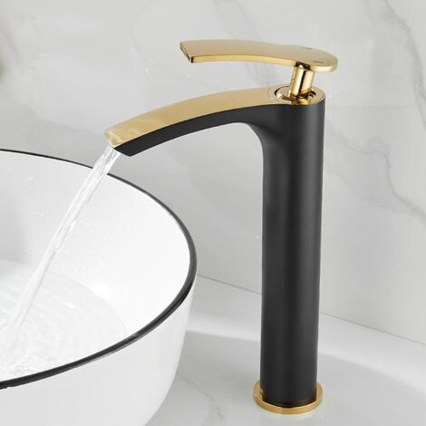 Black and gold waterfall faucet for washbasin, modern design hot and cold bathroom mixer tap