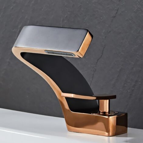 Black and rose gold basin mixer tap, single-handle waterfall spout for a modern and elegant bathroom