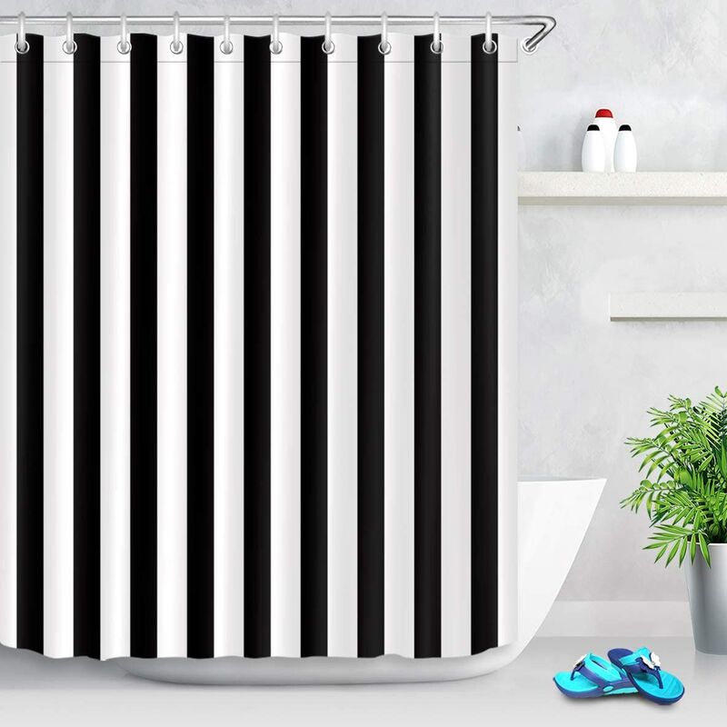 black and white shower curtain, striped bathroom curtain, 150 x 180 cm waterproof polyester fabric, stylish bathroom decoration, loop hook included