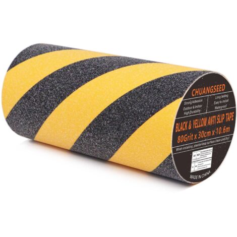Black and yellow anti-slip tape, 30cm x 10.6m, anti-slip strips for outdoor stairs, yellow and black, for stair warnings, steps, and flooring.