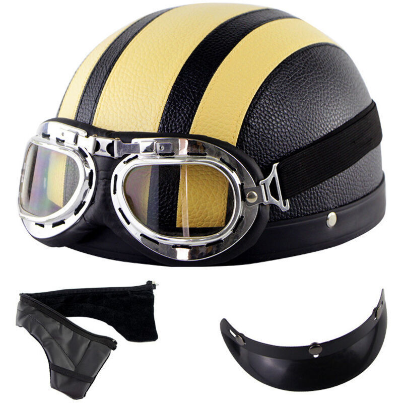 Black and yellow vintage leather motorcycle half-helmet with goggles