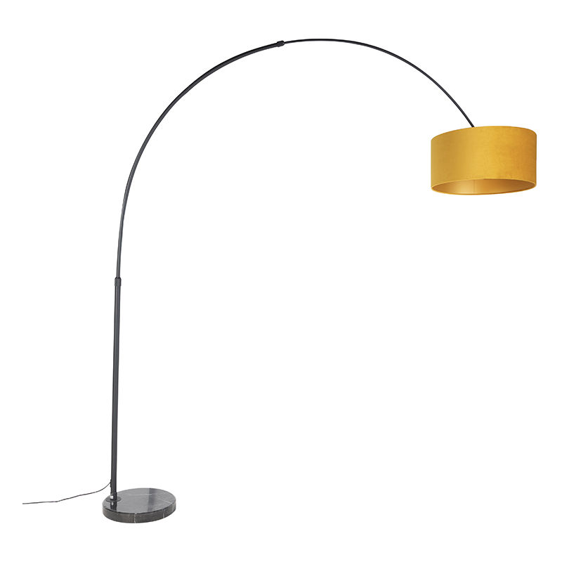 Arc Lamp Black with Velvet Lampshade Mustard Yellow with Gold 50 cm - XXL