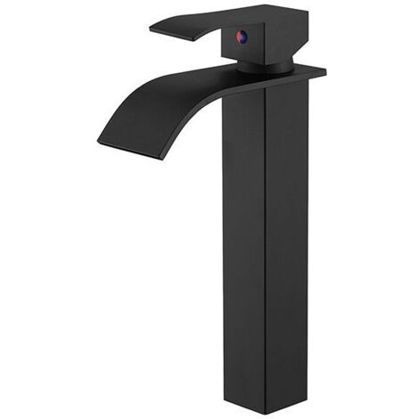Black Basin Faucet, High Countertop Bathroom Sink Mixer Tap, Large Square Spout Stainless Steel Faucet, Hot and Cold Water Available, Spout Height 204mm