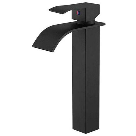 Black Basin Faucet, Tall Bathroom Sink Mixer Tap, Stainless Steel Tap with Large Square Spout, Hot and Cold Water Available, Spout Height 204mm MUMU