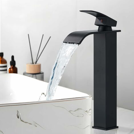 SUGUWORD Black Basin Mixer Taps,Tall Waterfall Bathroom Sink Taps,Single Lever Handle Countertop Washbasin Mixer Tap